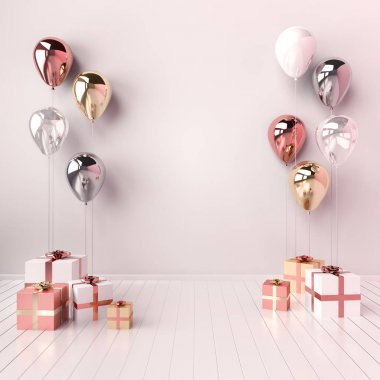 Beyaz, altın, gümüş ve gül altın balonlar ve hediye kutuları ile 3D iç illüstrasyon. Doğum günü, parti veya diğer promosyon sosyal medya afiş için boş alan ile parlak metalik kompozisyon.