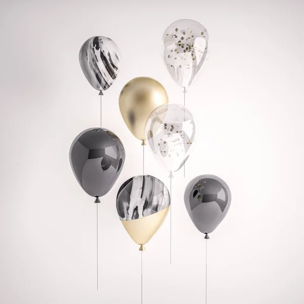 Parlak balonlar klasik ve çokgen kümesi. 3D illüstrasyon izole elemanları altın, siyah, şeffaf ve mermer ile. Doğum günü, Noel olayları, promosyon tanıtım için sıradışı tasarımı.