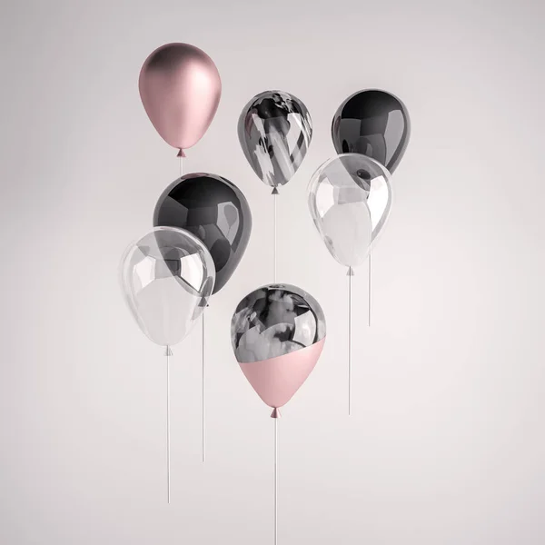 Ayarla parlak siyah, şeffaf, pembe, siyah ve beyaz mermer 3d gerçekçi balon partisi için sopa, olaylar, sunu veya diğer promosyon afiş, poster.