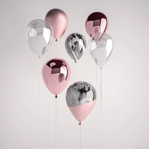 Parlak ve saten pembe, şeffaf, 3d gerçekçi balonlar parti için sopa, etkinlikler, sunu veya diğer promosyon afiş, poster üzerinde siyah ve beyaz mermer.
