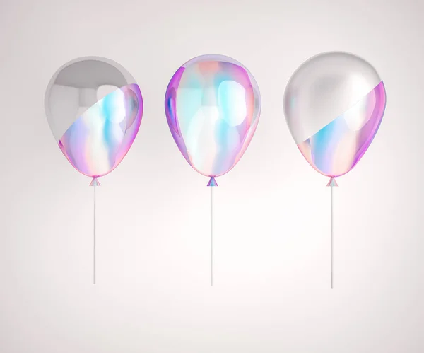 Ensemble Ballons Holographiques Argentés Iridescence Isolés Sur Fond Gris Design — Photo