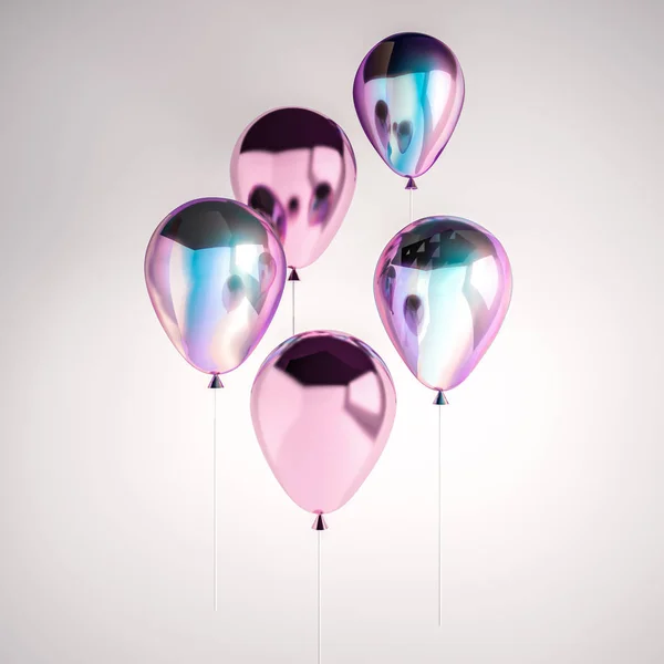 一套彩虹全息和粉红色箔气球隔离在灰色背景 时尚逼真的设计3D 元素的生日 聚会或其他活动 — 图库照片