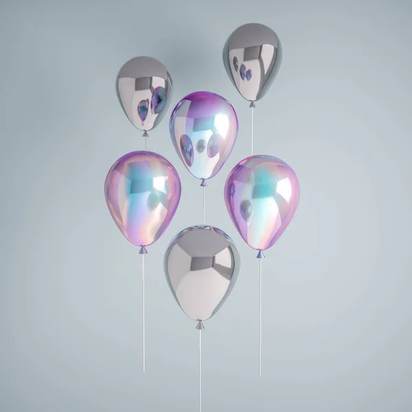 Gri arka plan üzerinde izole yanardönerlik holografik ve gümüş folyo balon kümesi. Doğum günü, tanıtım, promosyon, parti veya diğer olaylar için trendy gerçekçi tasarım 3d öğeleri.