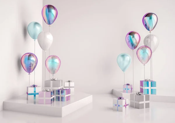 Holografik ile iç sahne yanardönerlik hediye kutuları ve balonlar. Doğum günü partisi veya promo posterler veya afiş için gerçekçi parlak 3d nesneler. Poster boyutu tasarım öğesi için boş alan.