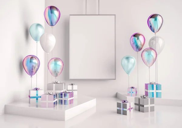 Wnętrze Makieta Sceny Holograficzne Opalizacji Pudełeczka Balony Realistyczne Błyszczących Obiektów — Zdjęcie stockowe