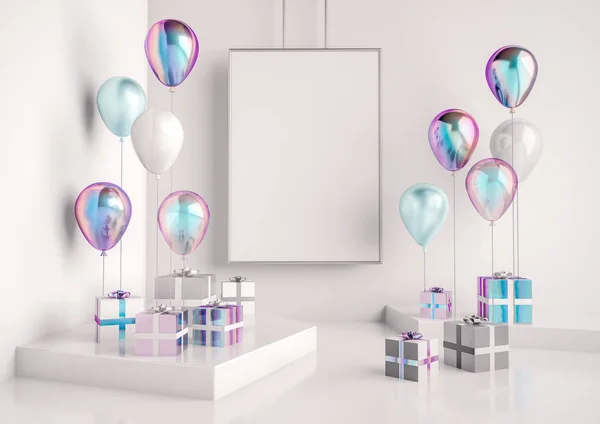 İç sahne holografik ile sahte yanardönerlik hediye kutuları ve balonlar. Doğum günü partisi veya promo posterler veya afiş için gerçekçi parlak 3d nesneler. Poster boyutu tasarım öğesi için boş alan.