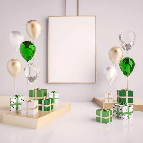 Escena Maqueta Interior Con Cajas Regalo Globos Verdes Dorados Objetos — Foto de Stock