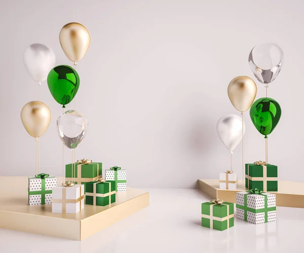 İç sahne yeşil ve altın hediye kutuları ve balon ile alay etmek. Doğum günü partisi veya promo posterler veya afiş için gerçekçi parlak 3d nesneler. Poster boyutu tasarım öğesi için boş alan.