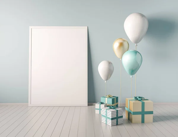 İç sahne-mavi ve altın hediye kutuları ve balon ile alay etmek. Doğum günü partisi veya promo posterler veya afiş için gerçekçi parlak 3d nesneler. Poster boyutu tasarım öğesi için boş alan.