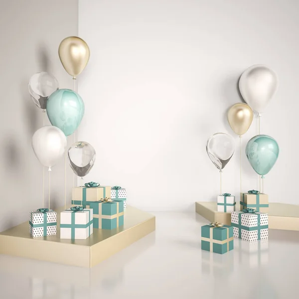 -Mavi ve altın hediye kutuları ve balon ile iç sahne. Doğum günü partisi veya promo posterler veya afiş için gerçekçi parlak 3d nesneler. Tasarım öğesi için boş alan.