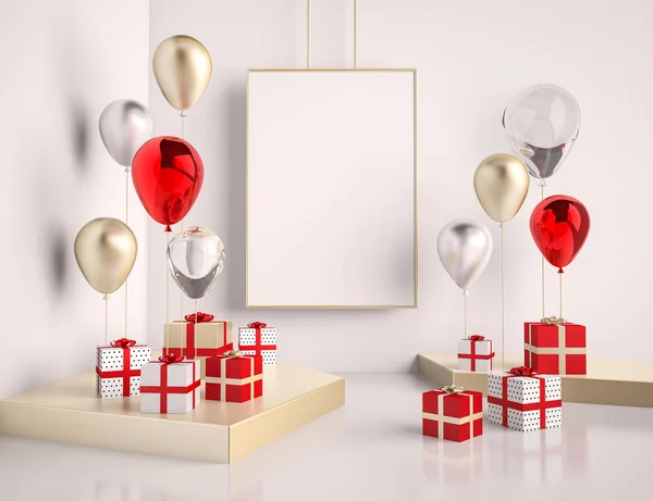 İç sahne kırmızı ve altın hediye kutuları ve balon ile alay etmek. Doğum günü partisi veya promo posterler veya afiş için gerçekçi parlak 3d nesneler. Poster boyutu tasarım öğesi için boş alan.