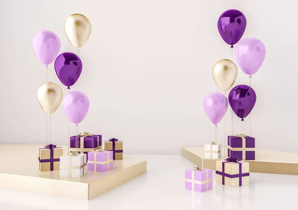 Composition Glossy Violet Golden Balloons Gift Boxes Beige Background — Stock Photo, Image