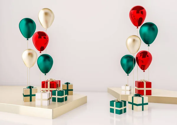 Composición Globos Brillantes Rojos Verdes Dorados Con Cajas Regalo Aisladas — Foto de Stock