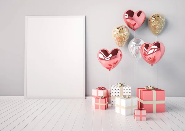 Beyaz arka plan üzerinde izole hediye kutuları ile pembe, gümüş ve altın balonlar kompozisyon parlak yuvarlak ve kalp şeklinde