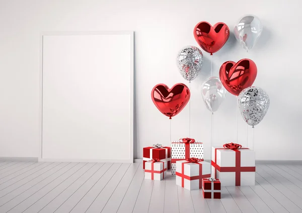 Composition Glossy Heart Shaped Red Silver Balloons Gift Boxes Isolated — Stock Photo, Image