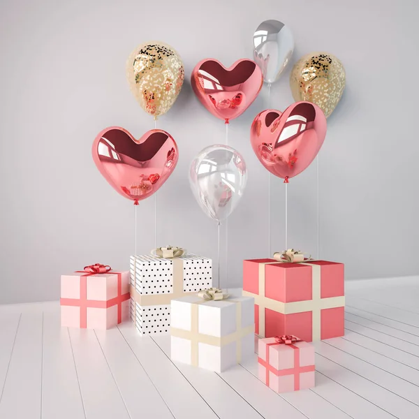 Composition Glossy Heart Shaped Pink Silver Golden Balloons Gift Boxes — Stock Photo, Image