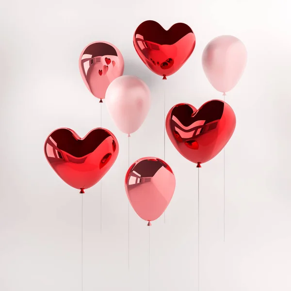 Set Red Pink Glossy Realistic Balloons Heart Shape Stick Valentine — Stock Photo, Image