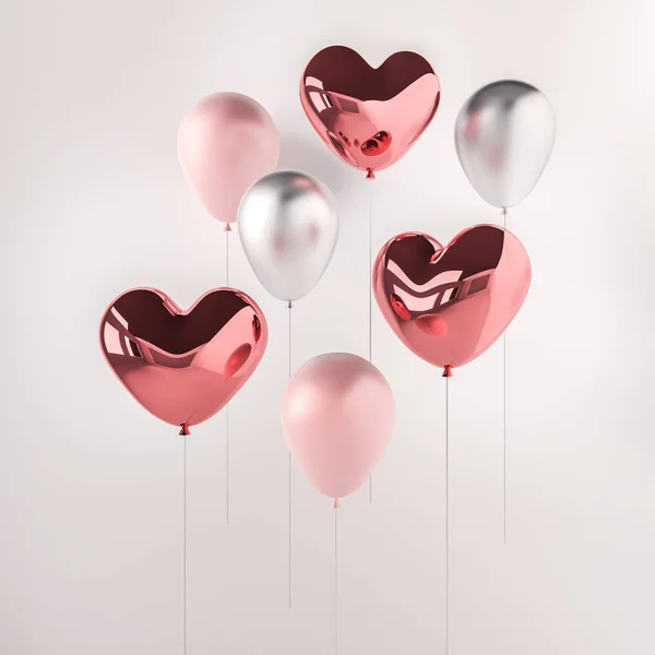 Pembe ve gümüş parlak 3d gerçekçi balonlar kalp şeklinde beyaz arka plan üzerinde kümesi. Sevgililer günü veya düğün günü romantik Temalar partisi, etkinlikler, sunu veya promosyon afiş, poster için.