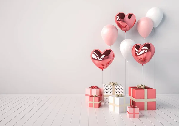 Beyaz zemin üzerine pembe ve beyaz balon hediye kutuları ile parlak kalp şeklinde