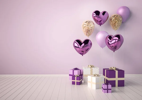 Set Purple Violet Golden Glossy Realistic Balloons Heart Shape Valentine — Stock Photo, Image