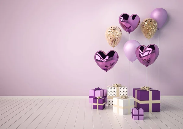 Mor, mor ve altın parlak 3d gerçekçi balonlar içinde kalp şekli kümesi. Sevgililer günü veya düğün günü romantik arka plan partisi, etkinlikler, sunu veya promosyon afiş, poster için.