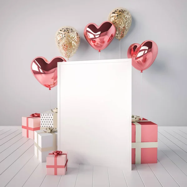 Poster Mock Red Golden Glossy Realistic Balloons Heart Shape Stick — Stock Photo, Image