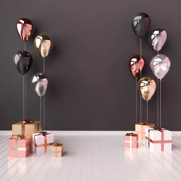 内部插图与黑色 银色和玫瑰金色气球和礼品盒 有光泽的金属构成与空的空间为生日 党或其他促进社会媒体横幅 — 图库照片
