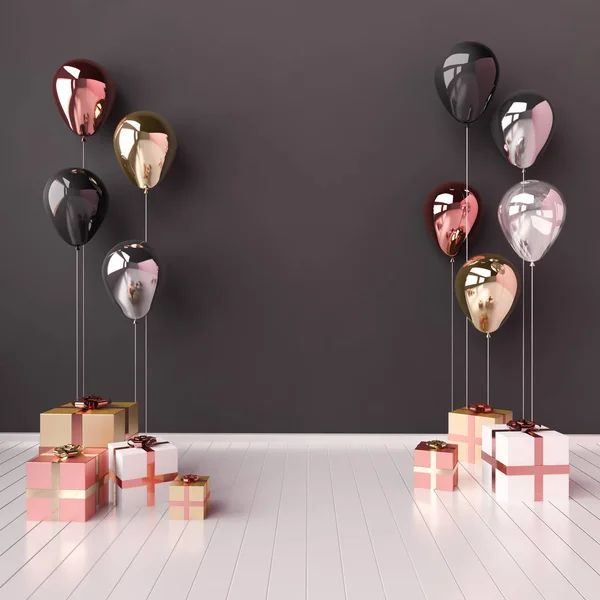 siyah, altın, gümüş ve gül altın balonlar ve hediye kutuları ile 3D iç illüstrasyon. Doğum günü, parti veya diğer promosyon sosyal medya afiş için boş alan ile parlak metalik kompozisyon.
