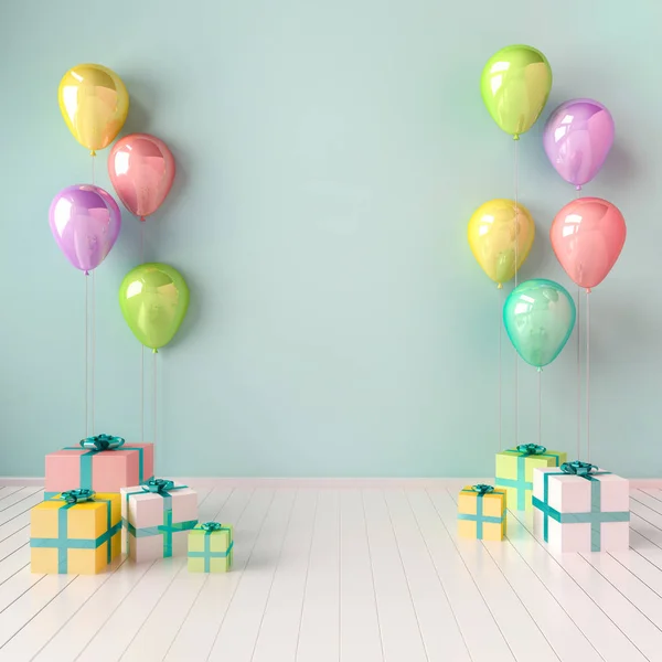 光泽的彩色气球与礼品盒在柔和的绿色背景 — 图库照片