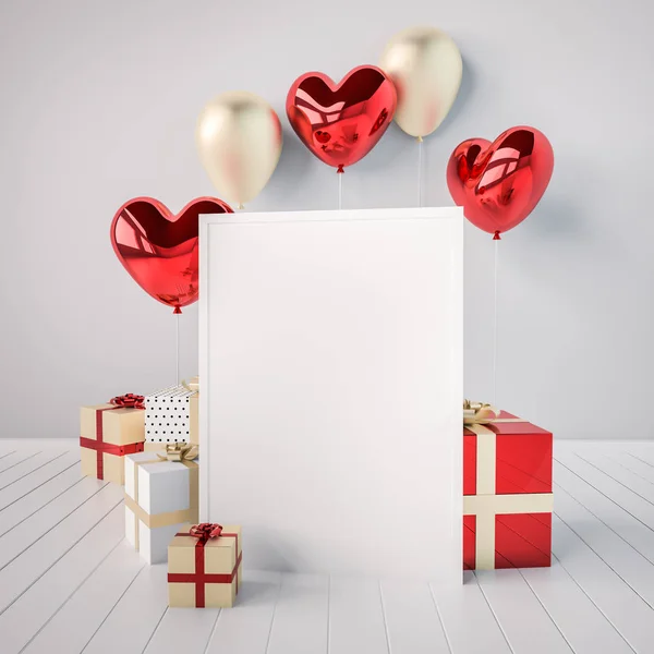 Poster Mock Red Golden Glossy Realistic Balloons Heart Shape Stick — Stock Photo, Image