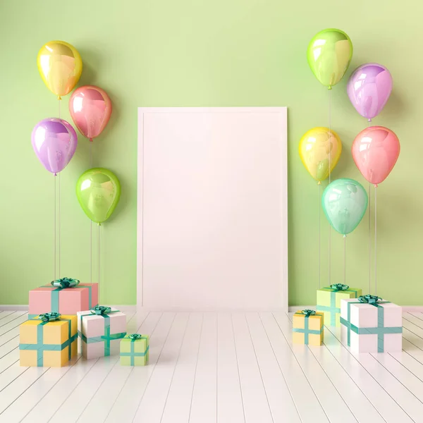 3D interior mock up illustration with green and yellow balloons and gift boxes. Glossy composition with poster size empty space for birthday, party or other promotion social media banners.