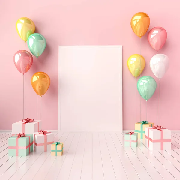 Interiéru Vzorovou Ilustrace Růžové Modré Balónky Dárkové Boxy Lesklé Složení — Stock fotografie