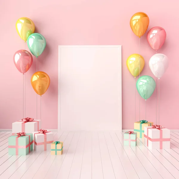 3D iç illüstrasyon pembe ve mavi balonlar ve hediye kutuları ile kadar sahte. Doğum günü, parti veya diğer promosyon sosyal medya afiş poster boyutu boş alan içeren parlak kompozisyon.