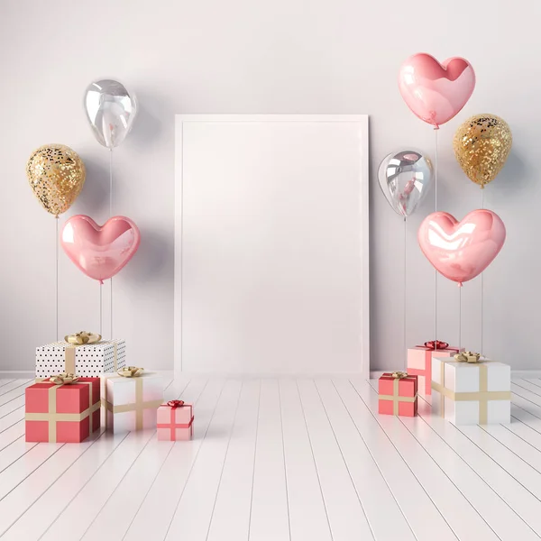 3D iç illüstrasyon altın ve Pembe Kalp balonlar ve hediye kutuları ile kadar sahte. Düğün, parti veya diğer promosyon sosyal medya afiş için poster boyutu boş alan ile parlak kompozisyon.