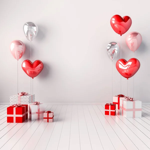 Interior Illustration Pink Red Heart Balloons Gift Boxes Glossy Composition — Stock Photo, Image