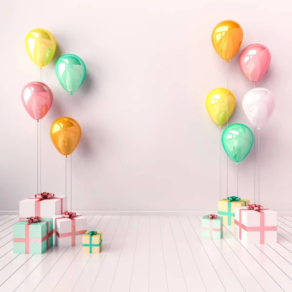 Beyaz, sarı, mavi ve pembe balonlar ve hediye kutuları ile 3D iç illüstrasyon. Doğum günü, Paskalya, parti veya diğer promosyon sosyal medya afiş için boş alan ile parlak kompozisyon.