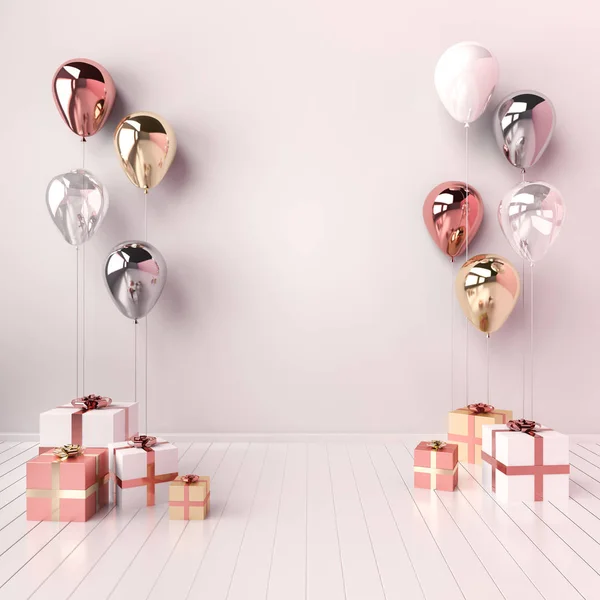 Beyaz, altın, gümüş ve gül altın balonlar ve hediye kutuları ile 3D iç illüstrasyon. Doğum günü, parti veya diğer promosyon sosyal medya afiş için boş alan ile parlak metalik kompozisyon.