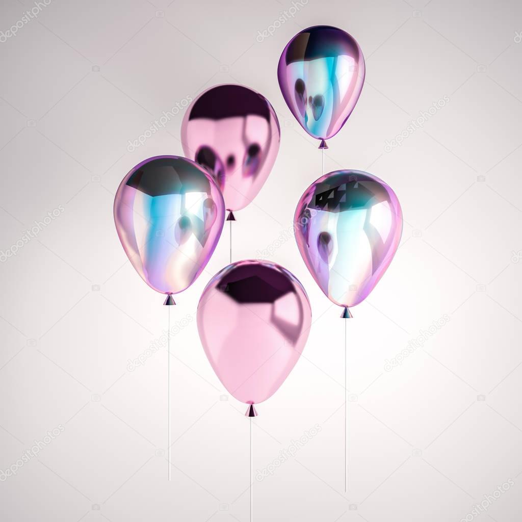 Set of iridescence holographic and pink foil balloons isolated on gray background. Trendy realistic design 3d elements for birthday, presentation, promo, party or other events.
