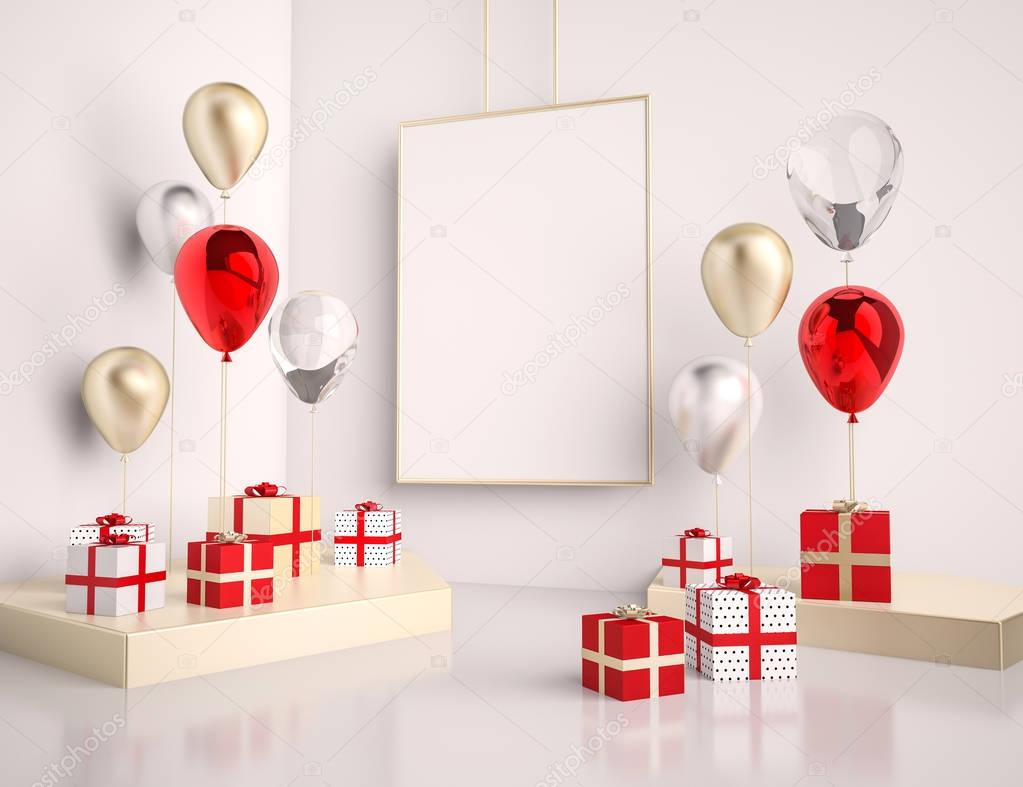 Interior mock up scene with red and gold gift boxes and balloons. Realistic glossy 3d objects for birthday party or promo posters or banners. Empty space for poster size design element.