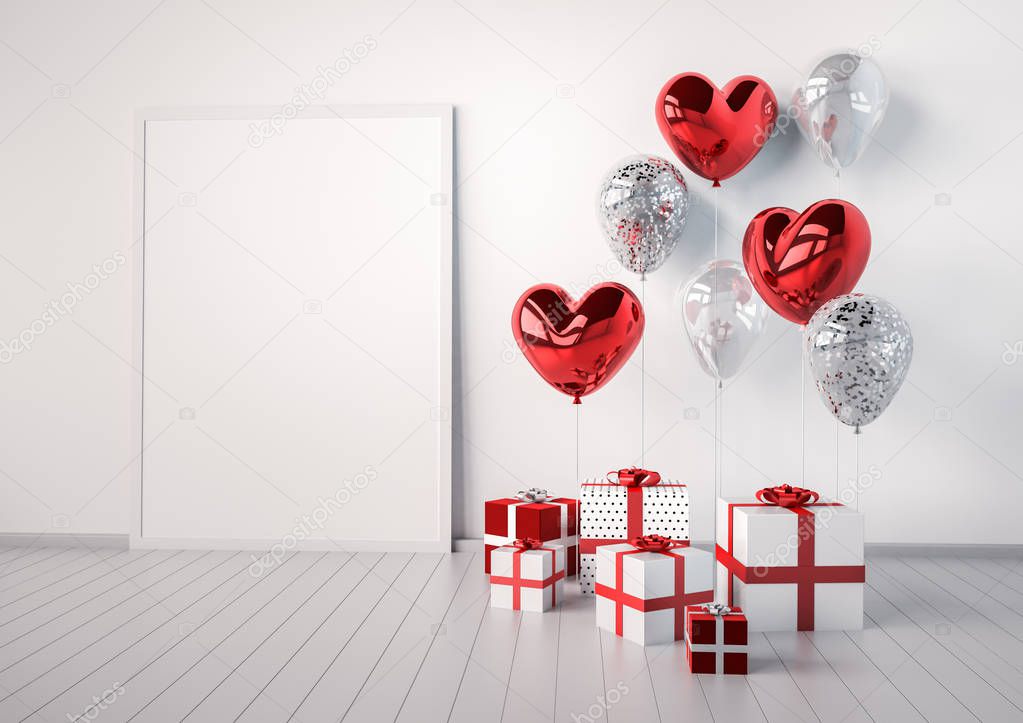 Composition of glossy round and heart shaped red and silver balloons with gift boxes isolated on white background