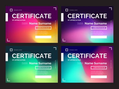 Soyut tarzda modern degradelerle karanlık sertifika şablonları kümesi. Baskı veya web tasarımı için renkli vektör çizim. Diploma, kupon, ödül, kazanan sertifikalar için kullanılabilir.