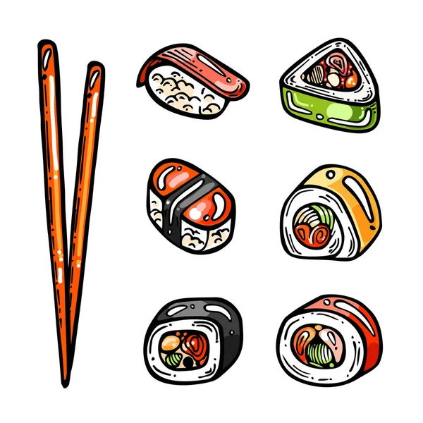 Vector Set Icons Sushi Rolls Set Colorful Japanese Meals Philadelphia — Stock Vector