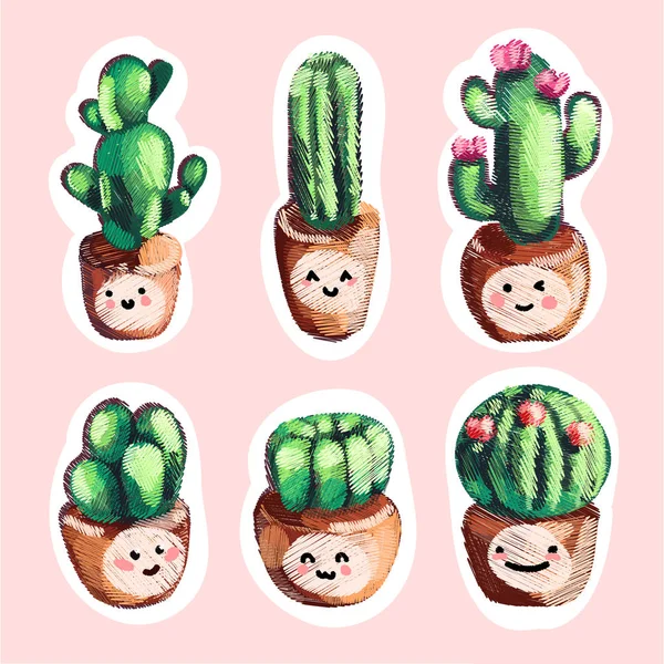 Ensemble Cactus Broderie Mignon Dans Des Pots Avec Des Sourires — Image vectorielle