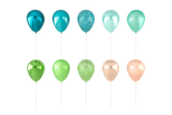 Conjunto Render Balões Azuis Verdes Douradas Isolados Fundo Branco — Fotografia de Stock