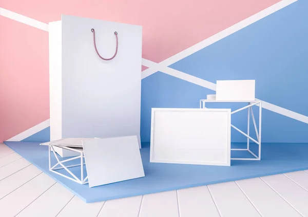 Kağıt torba, modern pembe ve mavi renklerde sertifika için çerçeve kümesi