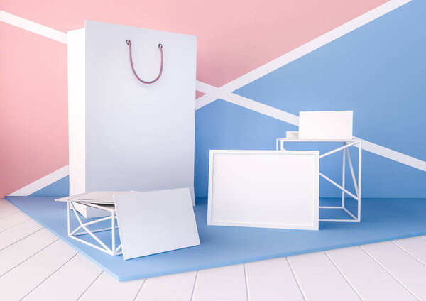 Set of paper bags, frame for certificate in modern pink and blue colors