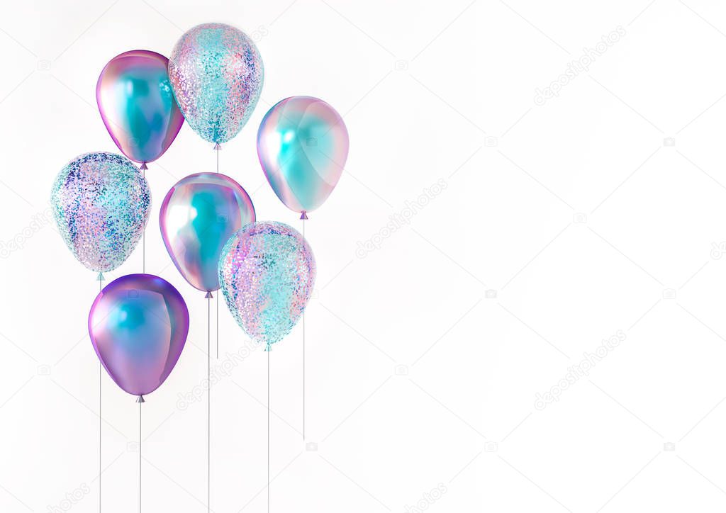 Set of 3D render holographic balloons isolated on white background with empty space for text. 