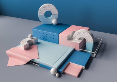 Geometrik şekiller iç. Resmi sosyal medya afiş ve promosyon için trendy 3d render. Arka plan üzerinde pastel renkler ilkel. Modern tarzda soyut gerçekçi kompozisyon.