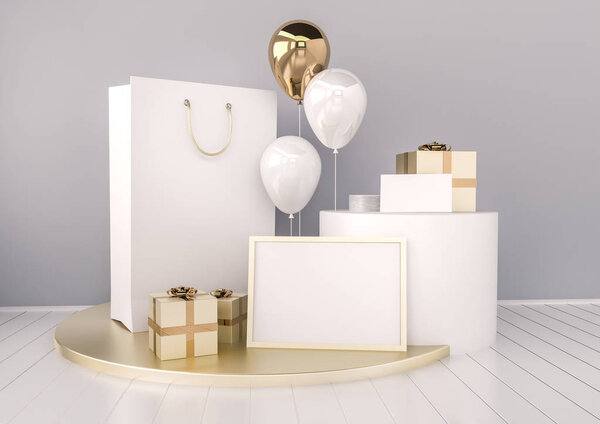 Set of paper bag, frame for certificate, card or envelope mock up in elegant grey and golden colors style with balloons. Festive design for branding or corporate identity. 3d rendering illustration.