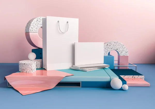 3D render iş iç kadar sahte. Beyaz kağıt torba ve marka için boş alanı olan kitap. Yumuşak pembe ve mavi kompozisyon temel öğelerdir. Modaya uygun bir tasarım çizimde geometrik şekiller.